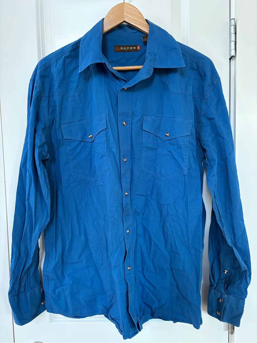 Roper Men's Snap Front Western Shirt in Blue with Pearl Snaps Cowboy Stampede